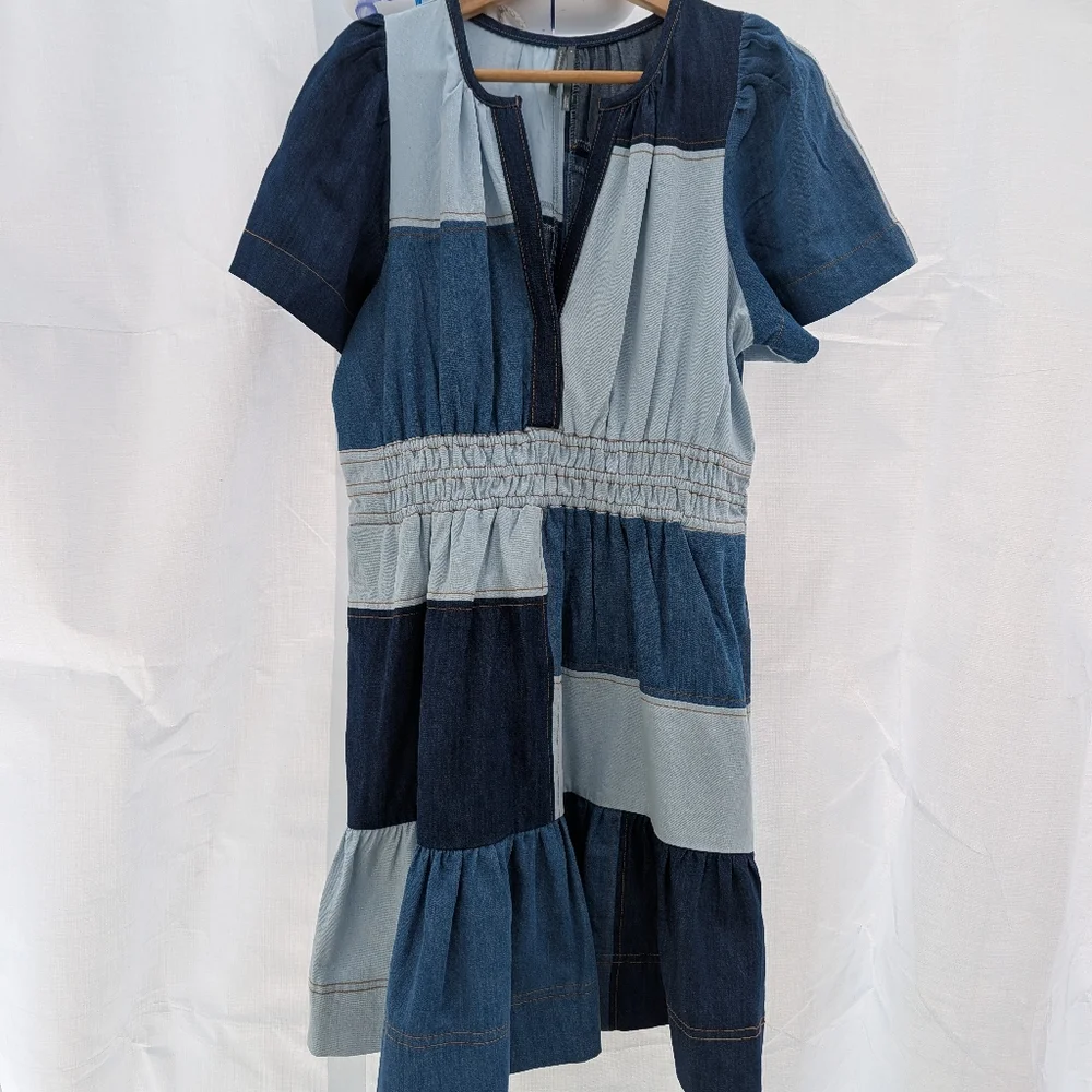 Anthropologie | The Somerset Demin Blue Patchwork Dress Medium - Picture 5 of 16